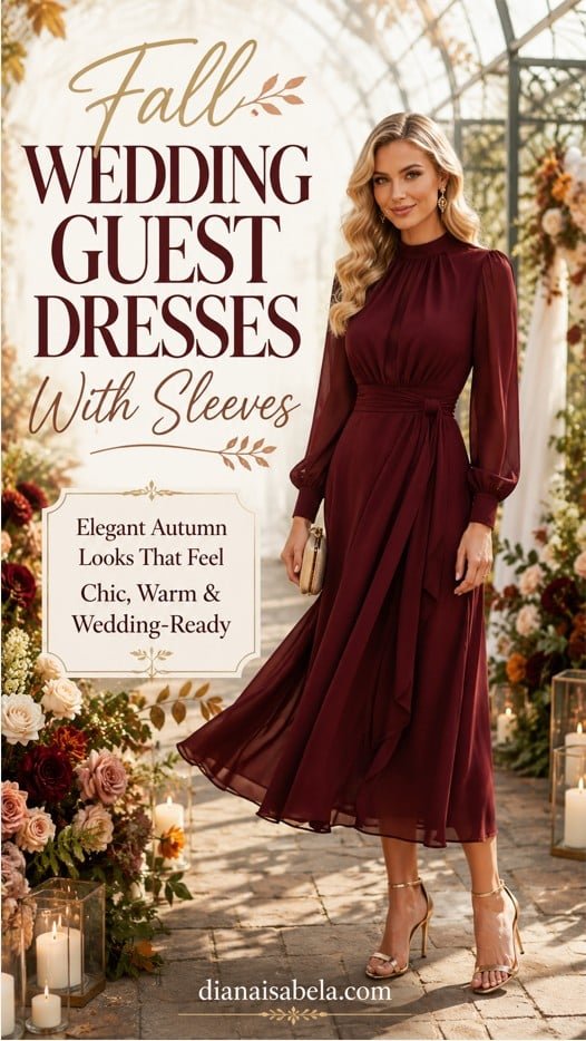 Burgundy fall wedding guest dress with sleeves styled for an elegant autumn ceremony with florals, candlelight, and refined seasonal accessories.
