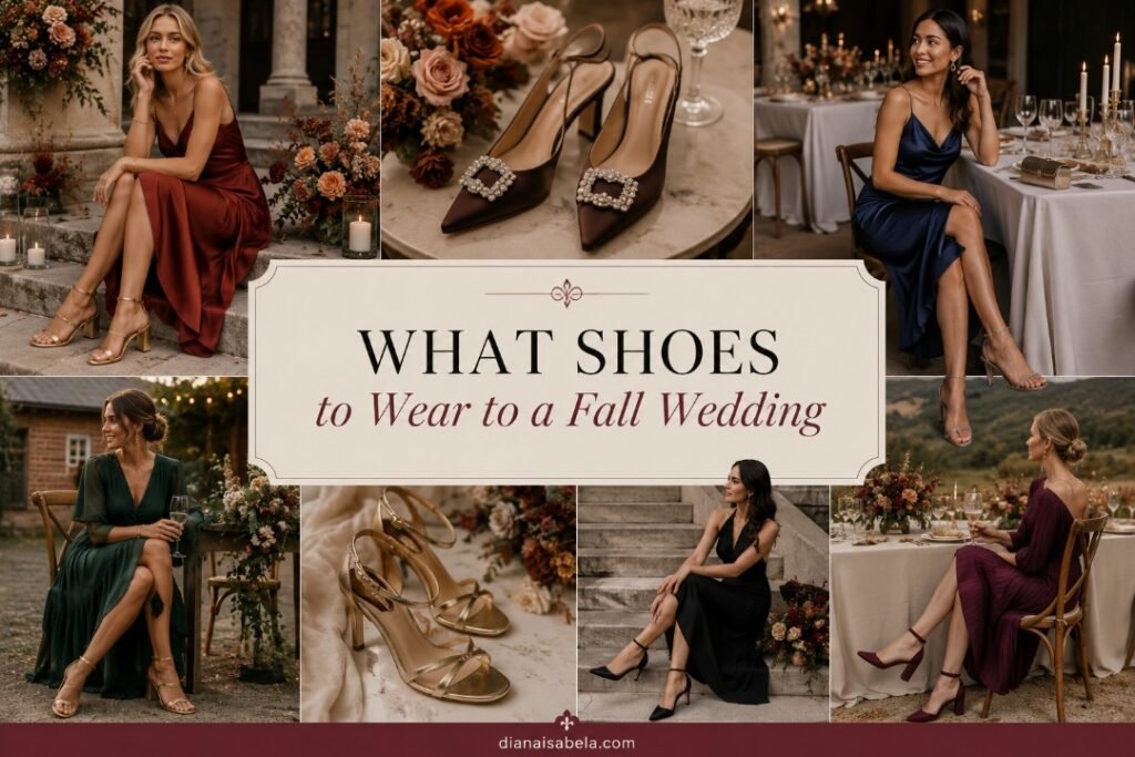 Fall wedding guest shoe guide with elegant heels, dressy sandals, and polished outfit ideas for autumn wedding venues.