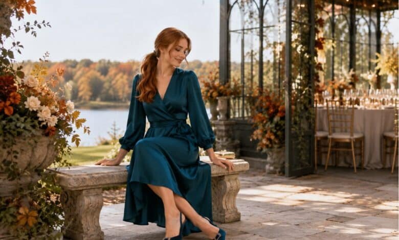 Elegant fall wedding guest shoe idea with a teal dress and matching heels at a romantic lakeside wedding venue.
