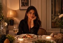Food girl aesthetic dinner scene with stylish evening outfit, warm table setting, real food, flowers, candles, fruit and cozy lifestyle mood.
