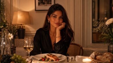 Food girl aesthetic dinner scene with stylish evening outfit, warm table setting, real food, flowers, candles, fruit and cozy lifestyle mood.