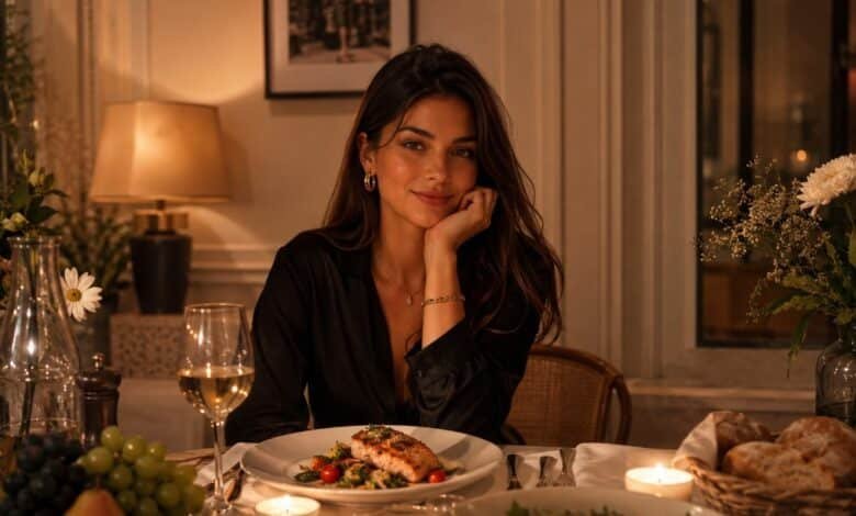 Food girl aesthetic dinner scene with stylish evening outfit, warm table setting, real food, flowers, candles, fruit and cozy lifestyle mood.