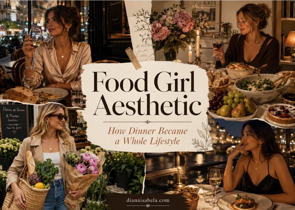 Food girl aesthetic collage with stylish dinner scenes, market flowers, elegant evening meals, cozy table details and fashionable women enjoying food as part of lifestyle.