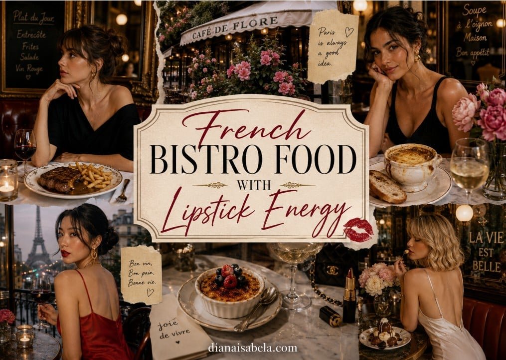 French Bistro Food for Girls Who Want Dinner With Lipstick Energy 2 French bistro food collage with stylish women, steak frites, onion soup, crème brûlée, Paris café mood and elegant dinner inspiration