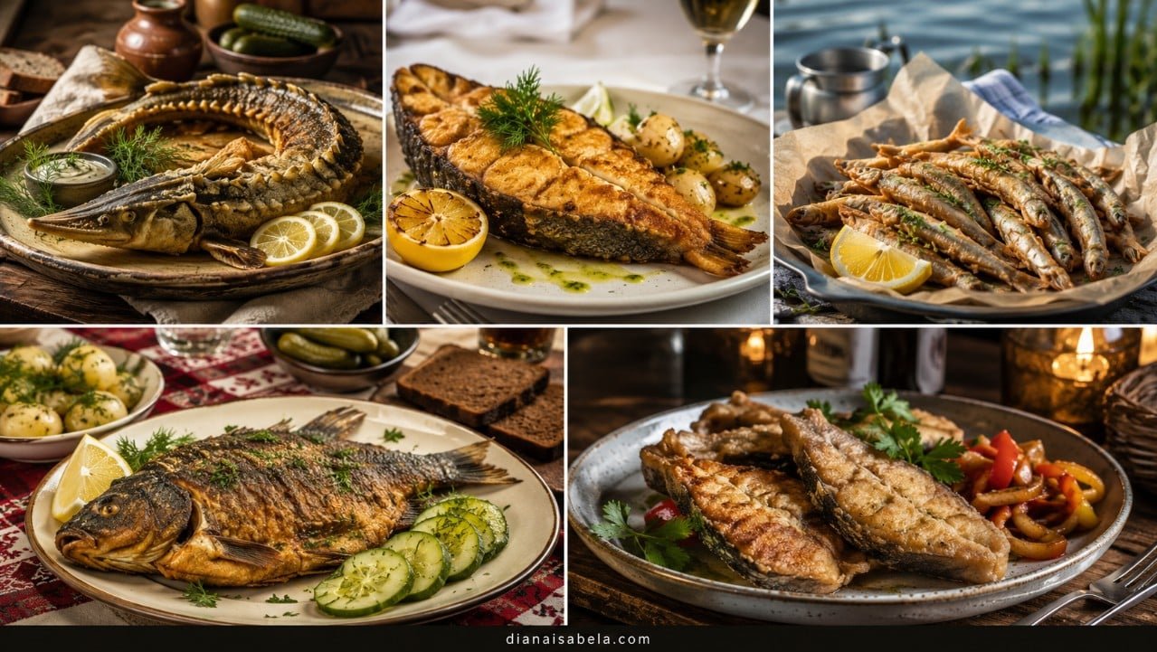 Fried fish with sterlet, sturgeon, smelt, crucian carp, catfish, lemon, dill, potatoes, cucumber salad, pickles and rye bread.
