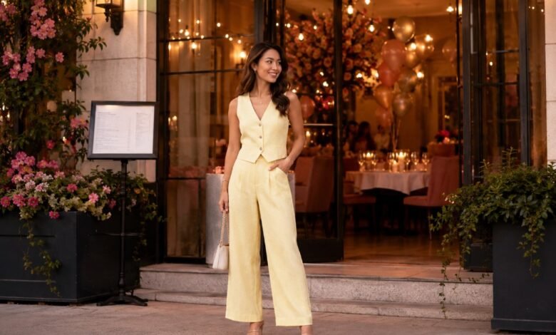 Stylish guest arriving at a friend’s birthday dinner in a pale yellow tailored jumpsuit with heels and a small handbag.