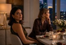 Two stylish women in their late twenties sitting quietly after dinner as their friendship feels more distant