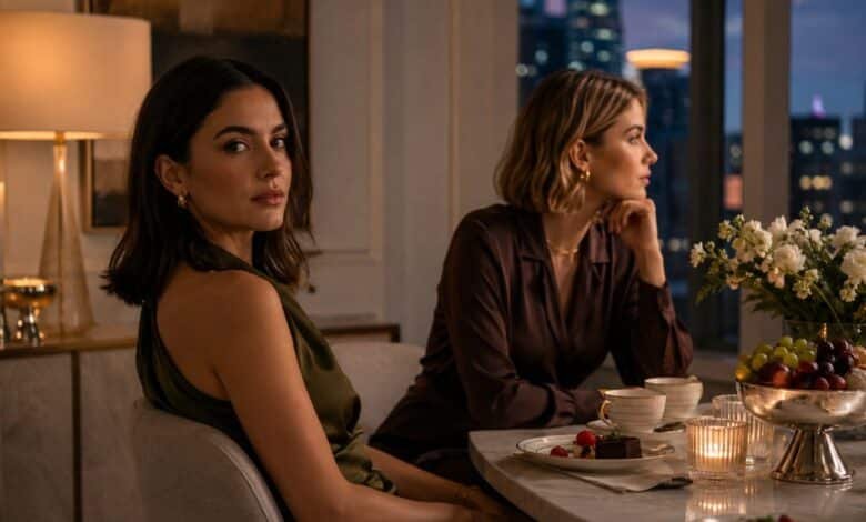 Two stylish women in their late twenties sitting quietly after dinner as their friendship feels more distant