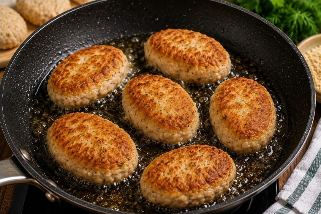 Golden chicken kotleti frying in a skillet until cooked through