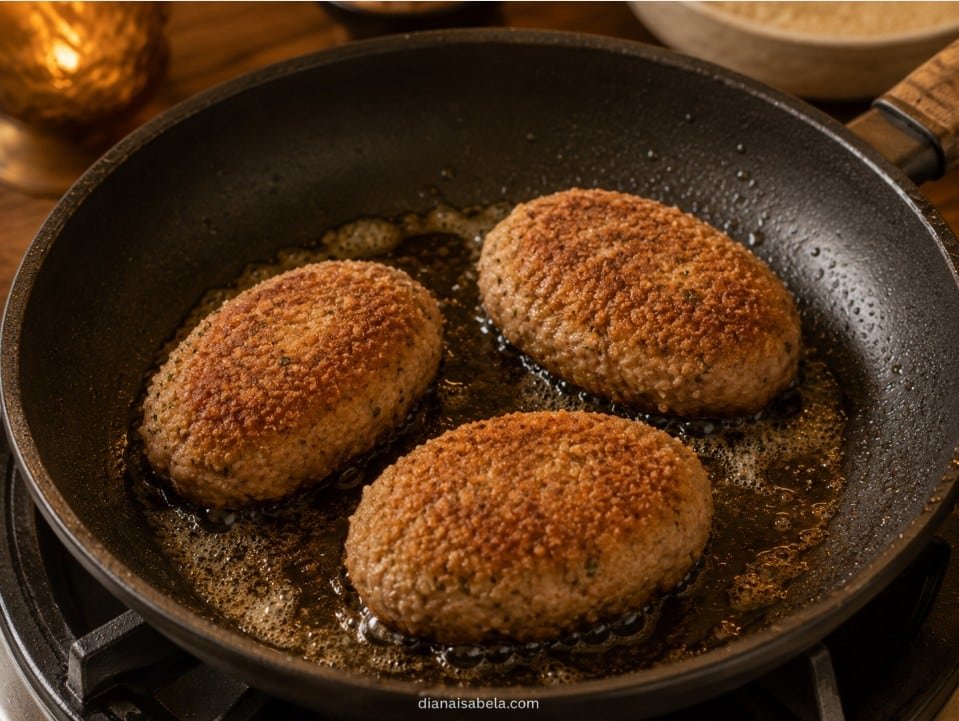 Breaded Russian kotleti frying in a skillet until golden brown