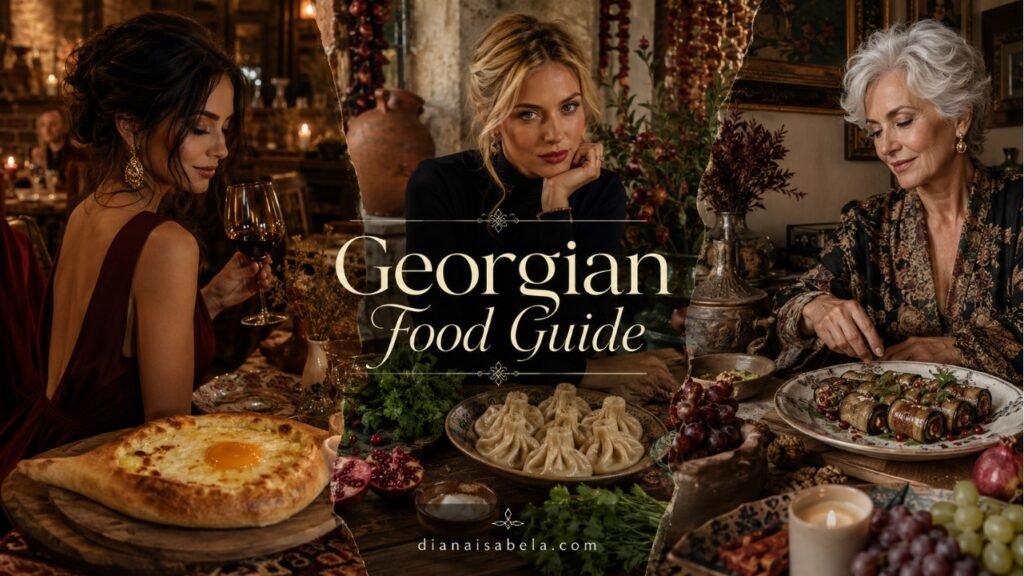 Georgian Food for Girls Who Believe Bread and Cheese Can Be a Love Language 2 Editorial Georgian food guide collage with khachapuri, khinkali, eggplant walnut rolls, herbs, pomegranates, wine, and stylish women at warm dinner tables.