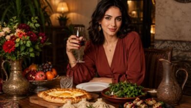 Stylish Georgian dinner table with khachapuri, khinkali, eggplant rolls, fresh herbs, fruit, flowers, and a woman enjoying wine in a warm restaurant setting.