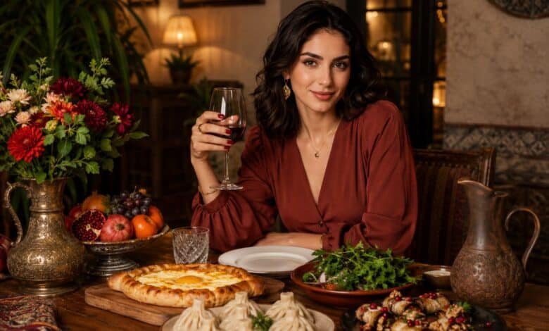 Stylish Georgian dinner table with khachapuri, khinkali, eggplant rolls, fresh herbs, fruit, flowers, and a woman enjoying wine in a warm restaurant setting.
