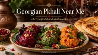 Georgian pkhali platter with beet, spinach and carrot varieties, walnuts, pomegranate and fresh Georgian bread