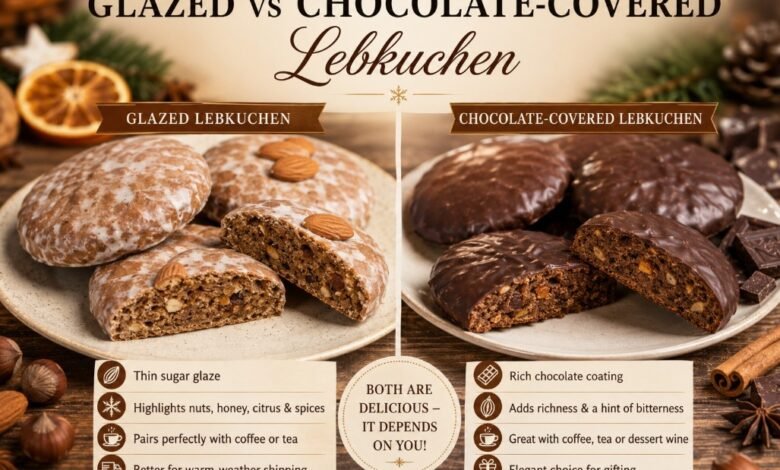 Glazed and chocolate-covered Lebkuchen compared by coating, texture, flavor and serving style