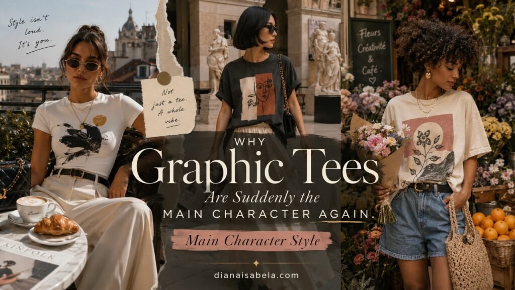 Why Graphic Tees Are Suddenly the Main Character Again 2 Editorial graphic tees style collage with three different fashion outfits, city café, art courtyard, flower market, denim, skirts, accessories, and main character style mood.