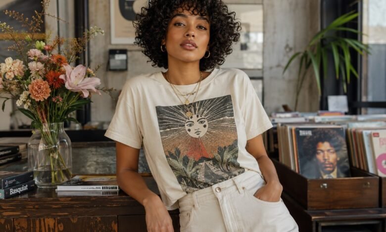 Stylish young woman wearing a vintage-inspired graphic tee with light denim in an artsy record shop, showing a cool casual outfit idea with personality.