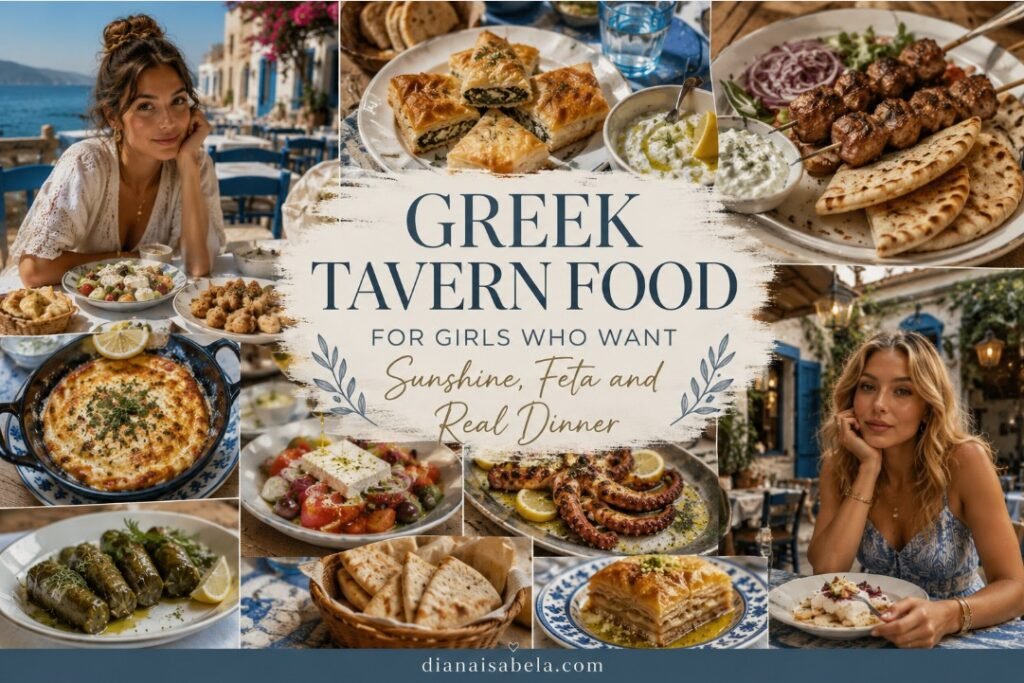 Greek tavern food collage with spanakopita, saganaki, souvlaki, tzatziki, Greek salad, seafood, feta, olives and sunny terrace dining