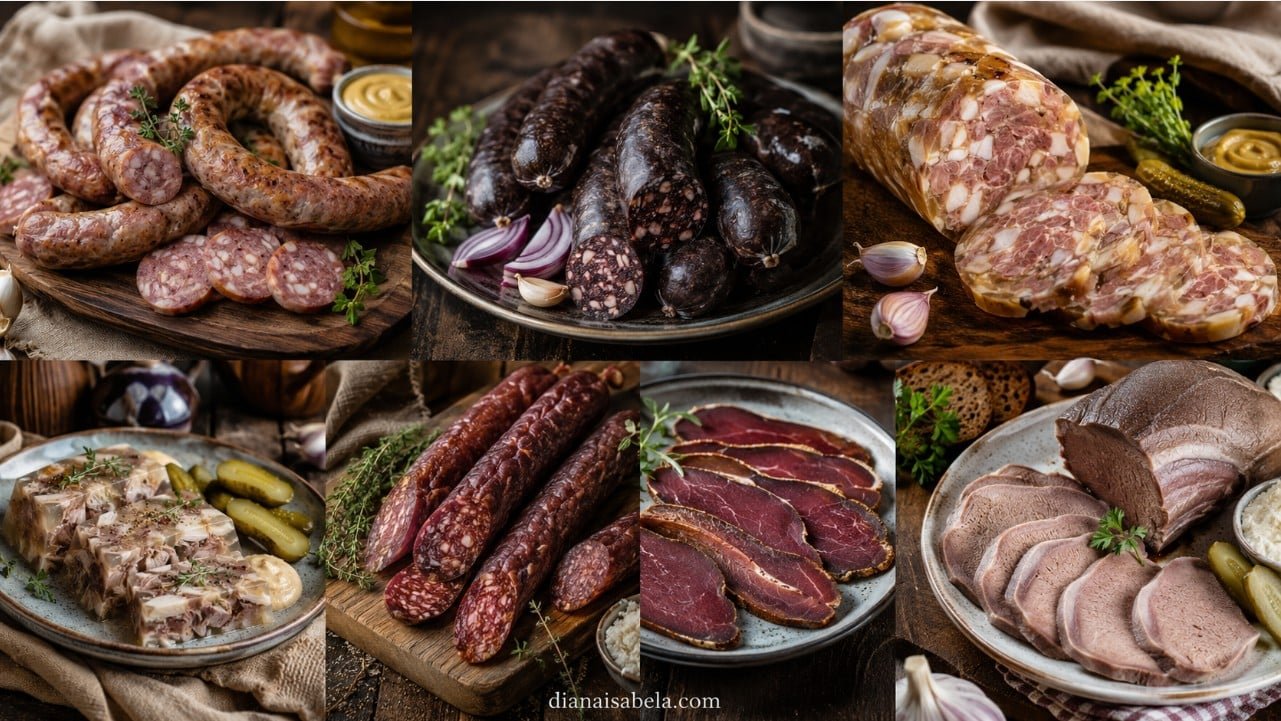 Homemade sausages, krovyanka, saltison, zeltz, hunter sausages, basturma and beef tongue with mustard, horseradish, pickles and rye bread.