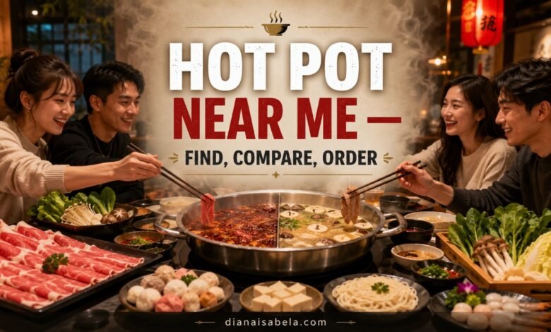 Friends sharing divided hot pot with sliced meat, vegetables, noodles and dipping sauces