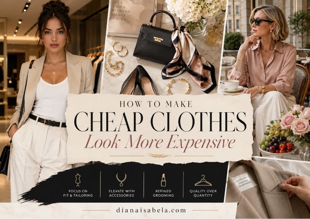 Affordable clothes styled with tailored layers, elegant accessories, polished shoes, a structured handbag, jewelry, flowers, and refined outfit details
