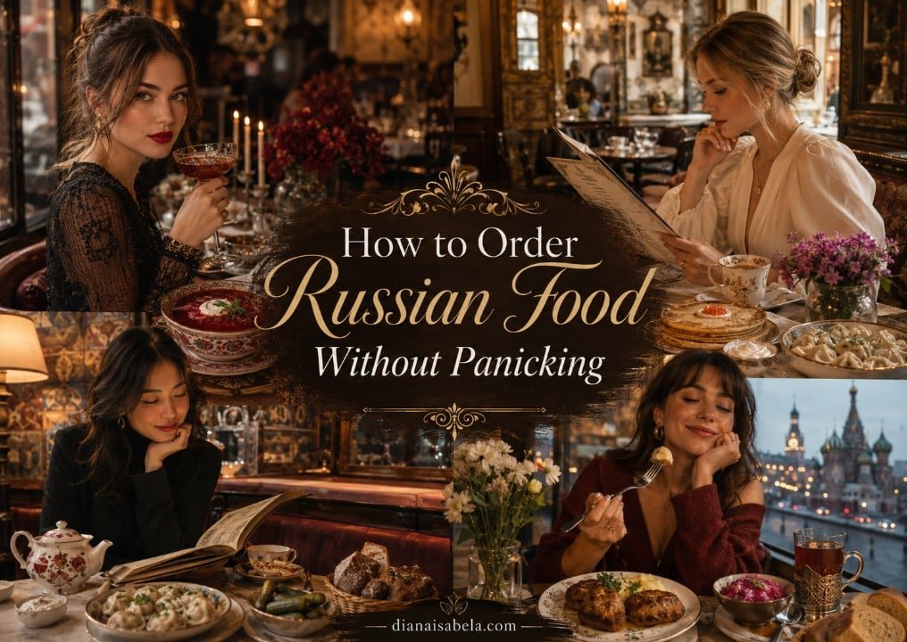 A Girl’s Guide to Ordering Russian Food Without Panicking 2 Stylish Russian restaurant scene with women choosing borscht, pelmeni, kotleti, blini, pickles, bread and cozy dinner dishes