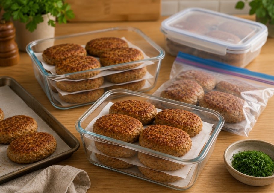 Cooked and uncooked kotleti stored in refrigerator and freezer containers