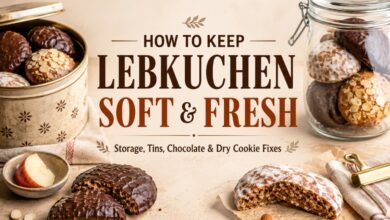 Lebkuchen stored in an airtight glass jar and decorative tin to keep the cookies soft and fresh