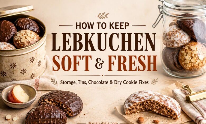 Lebkuchen stored in an airtight glass jar and decorative tin to keep the cookies soft and fresh