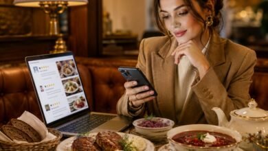 Stylish food review search scene with restaurant photos, Google-style ratings, comfort food, kotleti, borscht, rye bread and a woman choosing where to eat