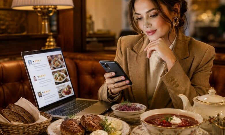 Stylish food review search scene with restaurant photos, Google-style ratings, comfort food, kotleti, borscht, rye bread and a woman choosing where to eat