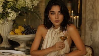 Stylish woman in a champagne satin top at an Italian aperitivo date with wine, flowers, fruit, candlelight and elegant dinner mood