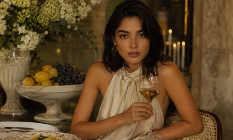 Stylish woman in a champagne satin top at an Italian aperitivo date with wine, flowers, fruit, candlelight and elegant dinner mood