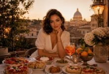 Stylish Italian aperitivo dinner on a sunset terrace with a chic woman, burrata, bruschetta, focaccia, olives, arancini, pizzette and citrus drinks