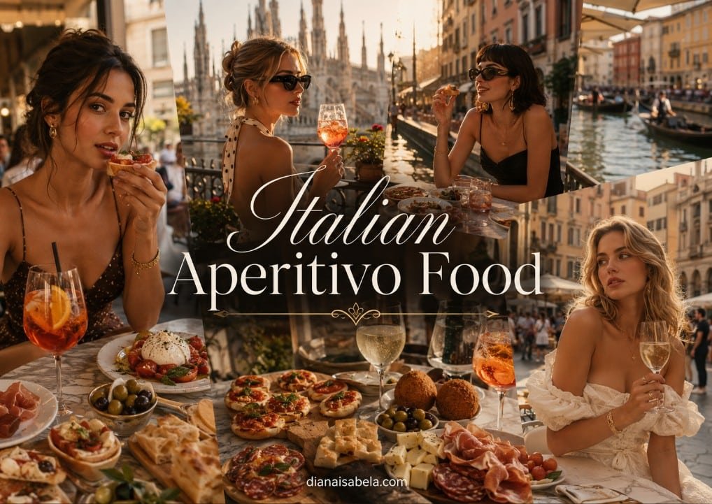 Italian aperitivo food with stylish women, bruschetta, burrata, focaccia, olives, arancini, pizzette, cured meats, cheese and golden hour drinks