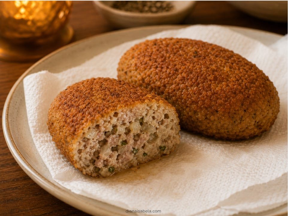 Cut-open Russian kotleta showing a juicy cooked meat and onion center