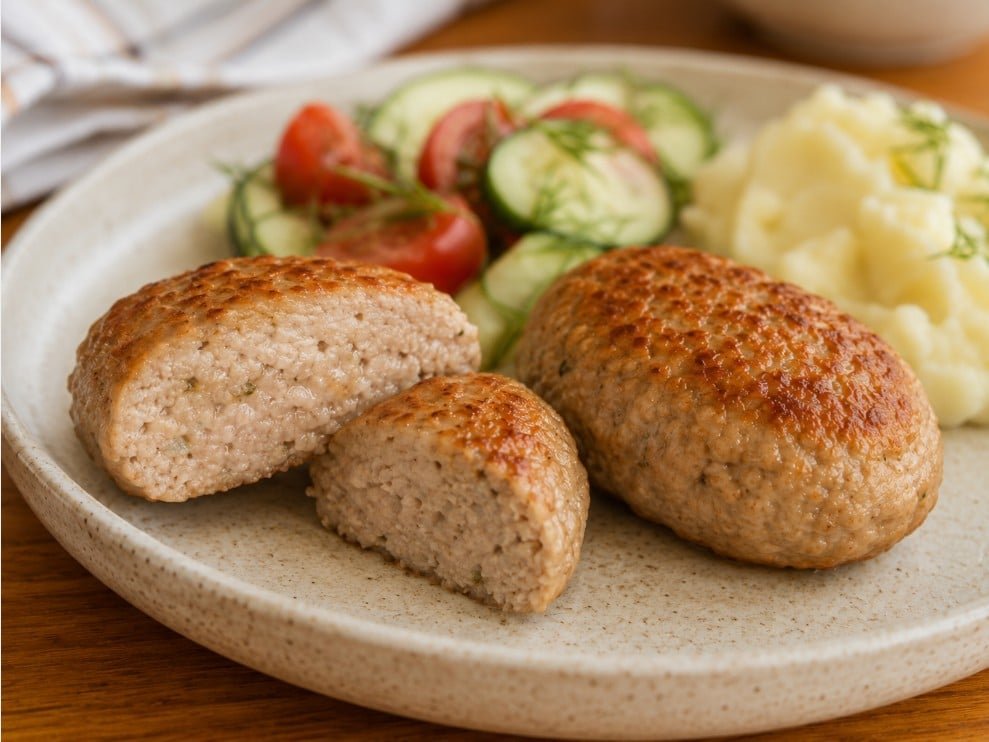 Juicy fully cooked interior of a sliced turkey kotleta