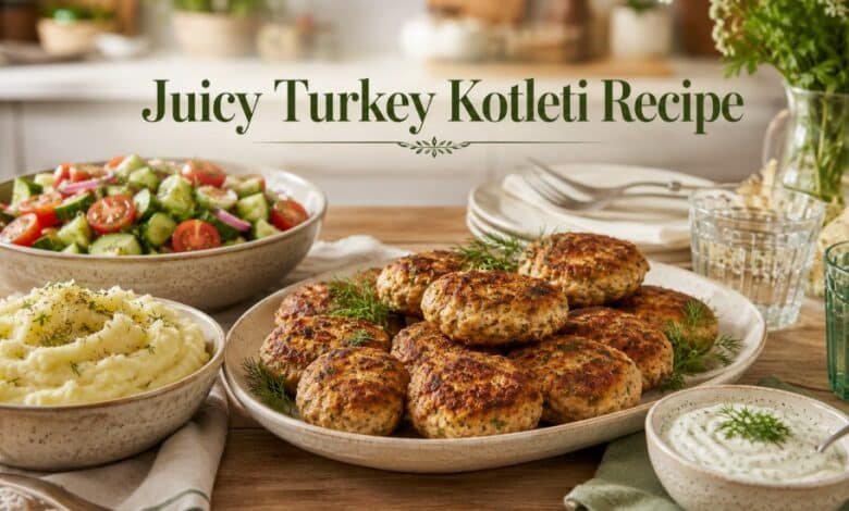 Juicy turkey kotleti served with mashed potatoes, cucumber tomato dill salad and creamy dill sauce