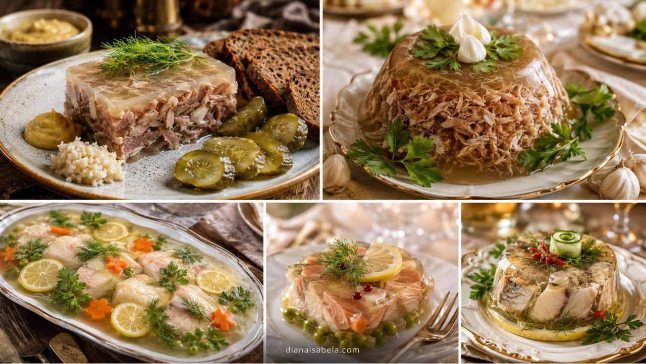 Kholodets and fish aspic served with meat jelly, fish aspic, lemon, herbs, carrots, peas, garlic, mustard, horseradish, pickles and rye bread.