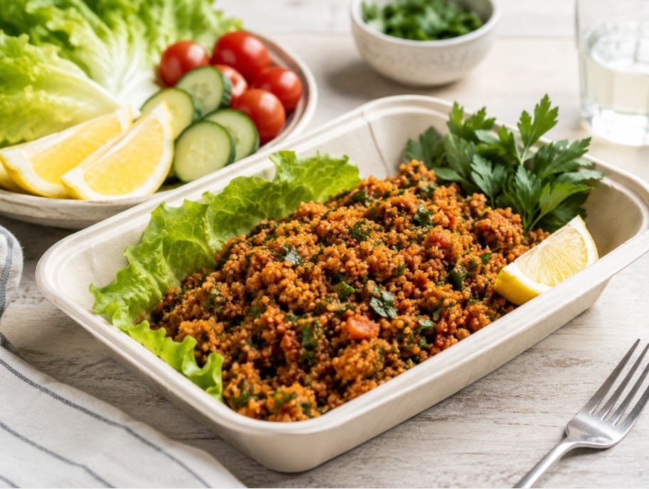Kisir Bulgur Salad Near Me: Restaurants, Prices and Ordering Guide 5 Kisir bulgur salad prepared for takeout with lettuce, lemon and fresh vegetables