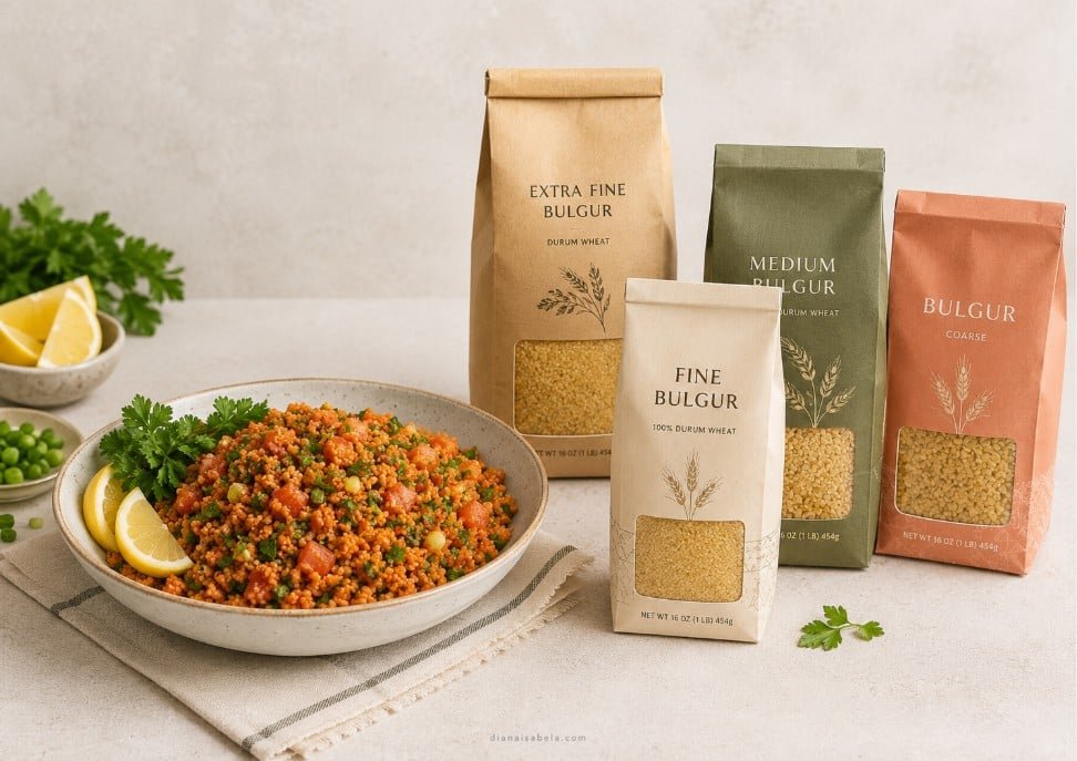 Kisir salad served beside fine, medium and coarse bulgur packages
