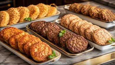 Elegant display of different kotleti varieties for an Eastern European cutlet guide, including golden, breaded, meat and vegetable-style patties