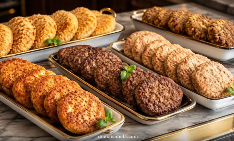 Elegant display of different kotleti varieties for an Eastern European cutlet guide, including golden, breaded, meat and vegetable-style patties