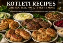 Chicken, beef, pork and turkey kotleti served with classic family-style sides