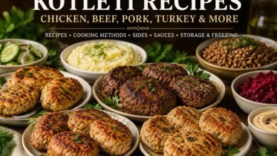 Chicken, beef, pork and turkey kotleti served with classic family-style sides