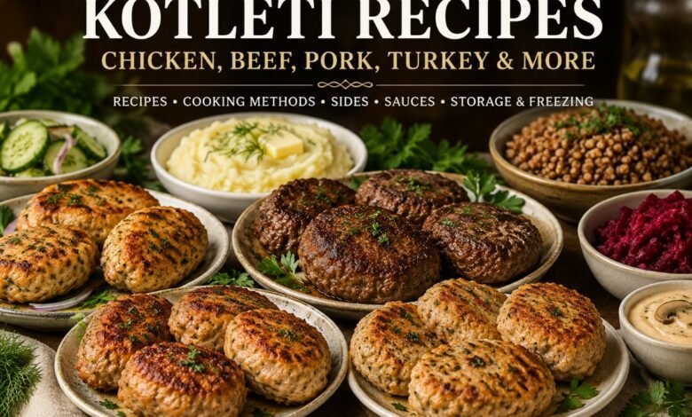 Chicken, beef, pork and turkey kotleti served with classic family-style sides