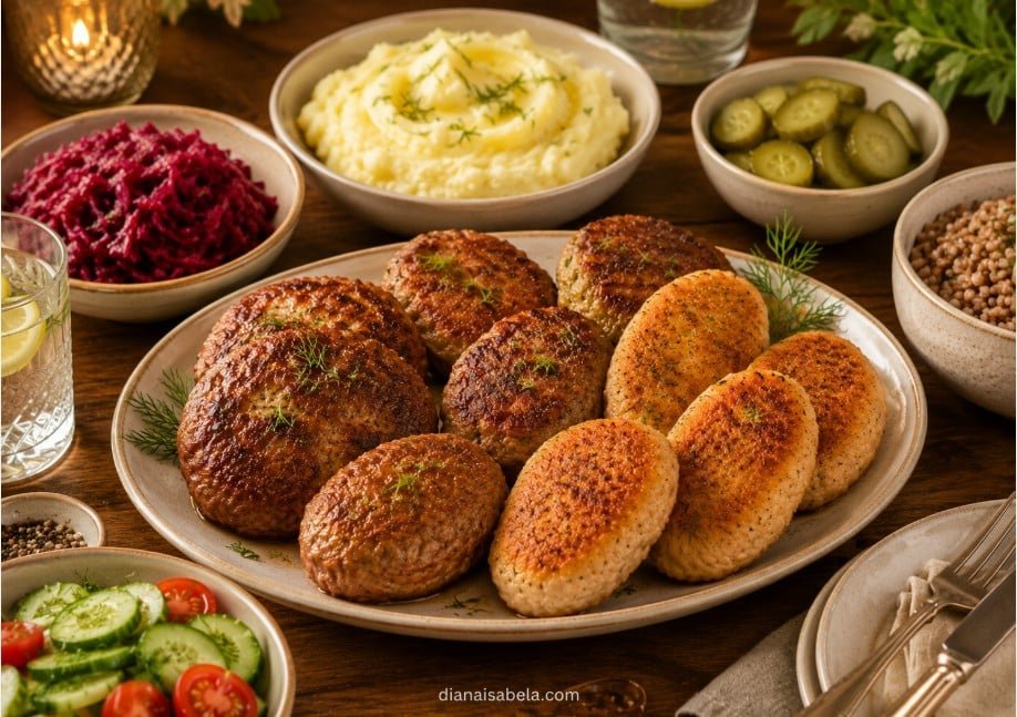 Chicken, beef, pork and turkey kotleti served for a family meal