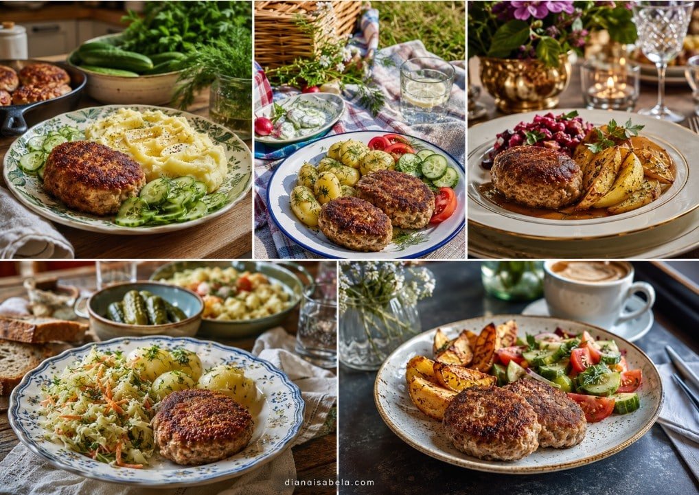 Kotleti with potatoes and cucumber salad shown with different sides and cozy serving ideas.