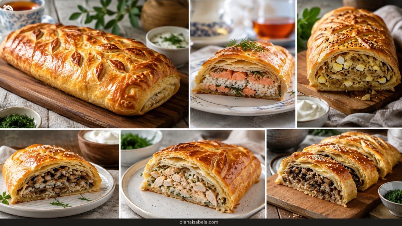 Kulebyaka Russian pie made with shortcut pastry, salmon, rice, mushrooms, cabbage, eggs, sour cream and dill.