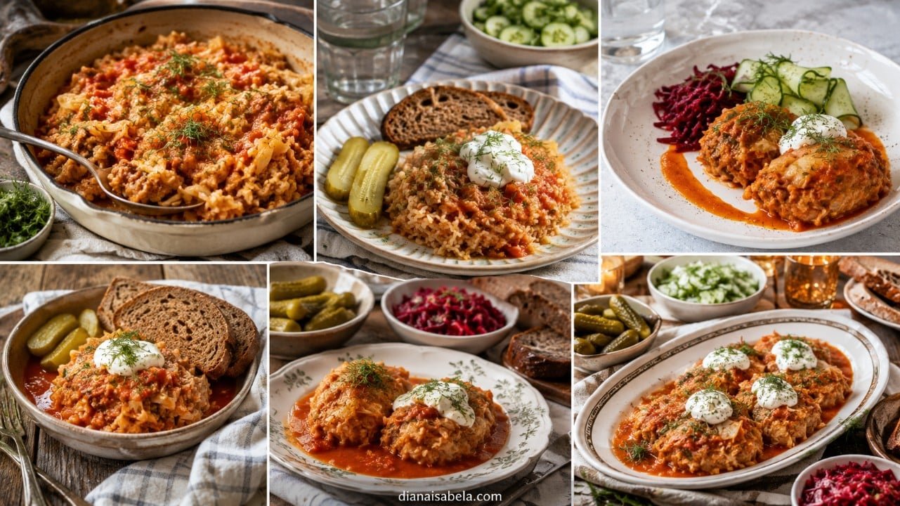 Lazy cabbage rolls with tomato sauce, rice, minced meat, sour cream, dill, rye bread, pickles, cucumber salad and beet salad.